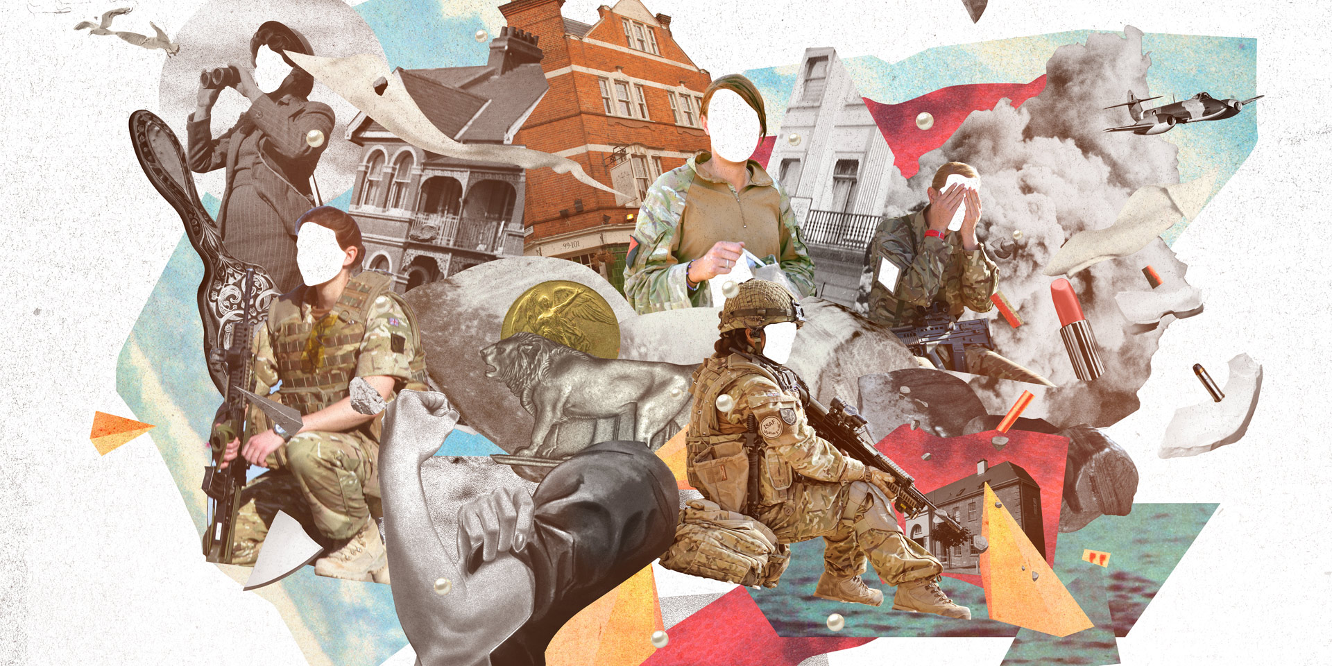 A collage of buildings, symbols and feminist icons juxtaposed with people in army uniforms and holding guns, some of them with feminine hairstyles. All of the faces of the people depicted are cropped out.