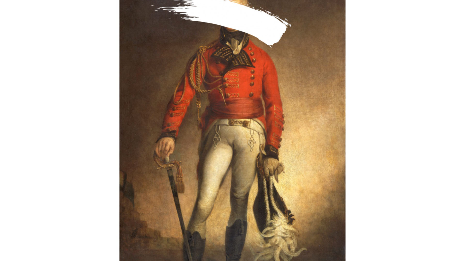 A wide white brushstroke paints over the face of a man dressed up in bright red 18th Century British military uniform