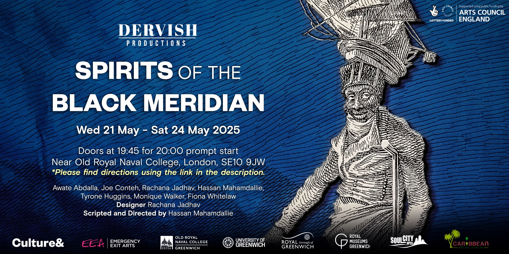 Image with blue background and a illustration of a man wearing a model ship on top of his hat. Text contains performance information of Spirits of the Black Meridian